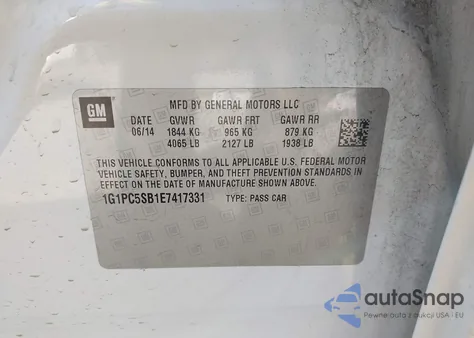 2014 Chevrolet Cruze 1Lt Auto from USA, damaged, VIN 1G1PC5SB1E7417331